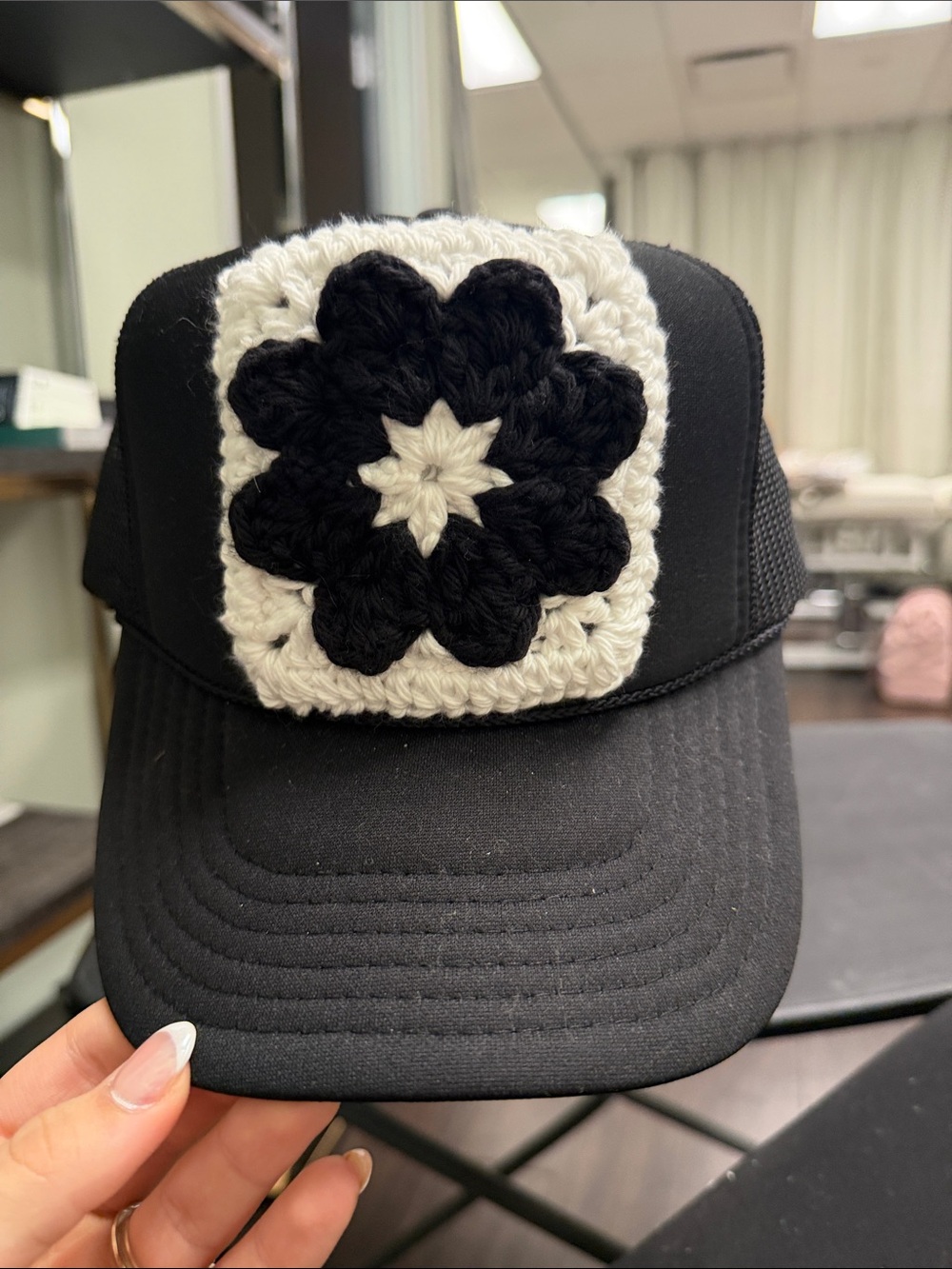 Black Trucker Cap with Crochet Flower Patch - Women Accessories